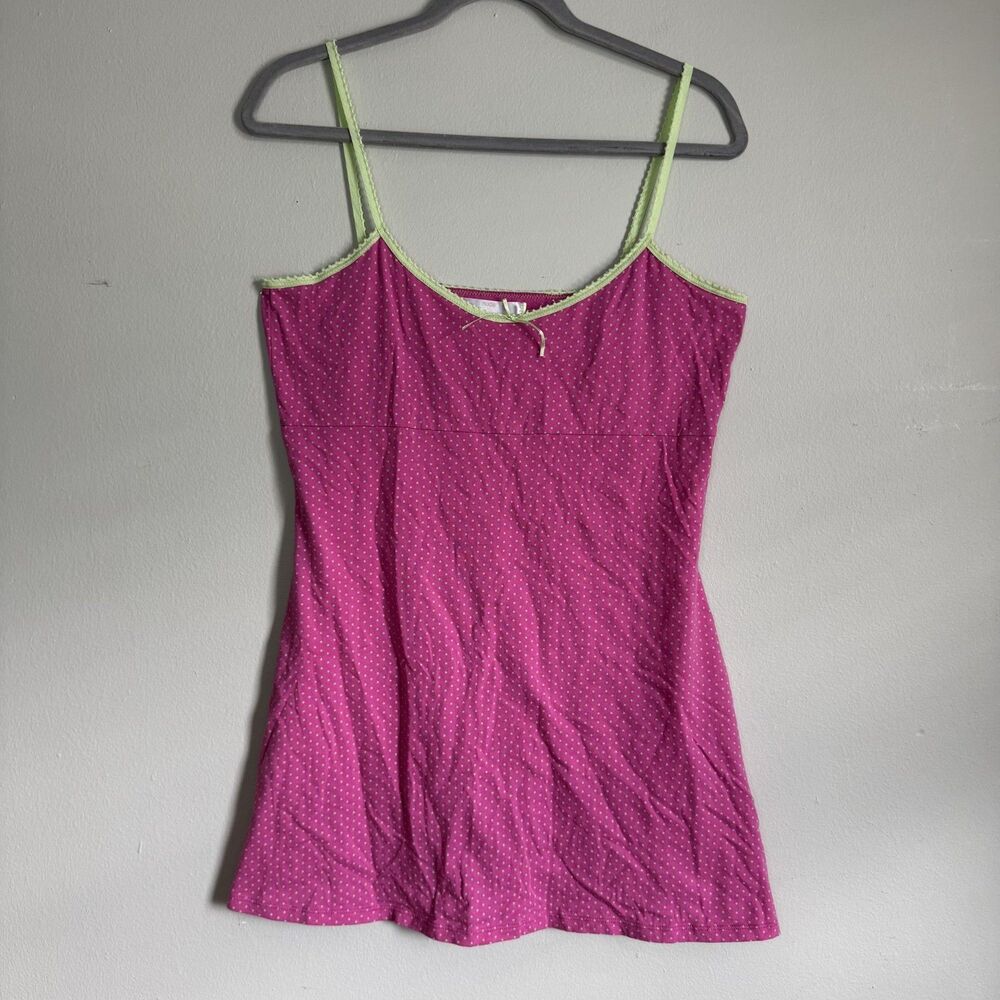 Y2K Victoria’s Secret Nude Pink Green Polka Dot Camisole Nightie Large Vtg Bow